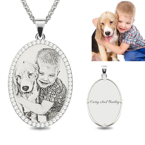 Oval Engraved Kid & Dog Photo Necklace With Birthstones