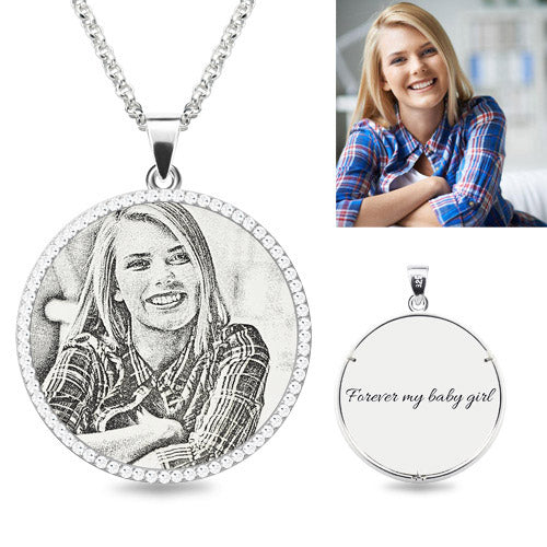 Engraved Round Girl's Photo Necklace With Birthstones