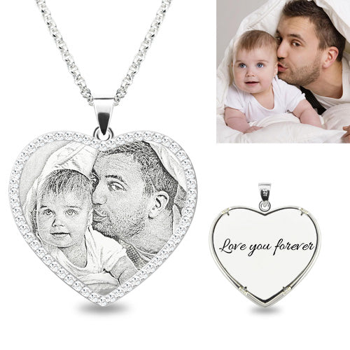 Photo Engraved Heart Shimmer Necklace Sterling Silver