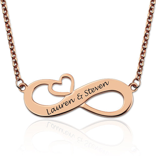 Engraved Names Infinity Heart Necklace In Rose Gold