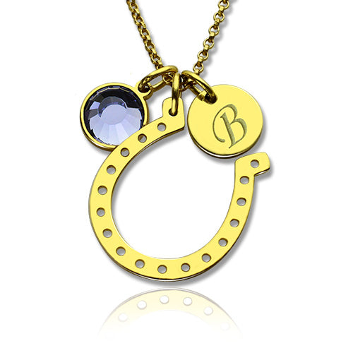 Birthstone Horseshoe Lucky Necklace with Initial Charm 18k Gold Plate