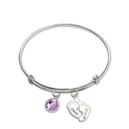 Baby Feet Bangle With Birthstone Platinum Plated