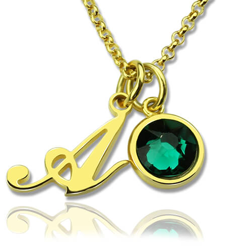 Custom Birthstone Initial Necklace 18k Gold Plated