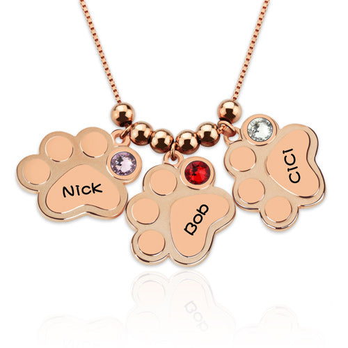 Multiple Engraved Paw Print Necklace With Birthstones In Rose Gold