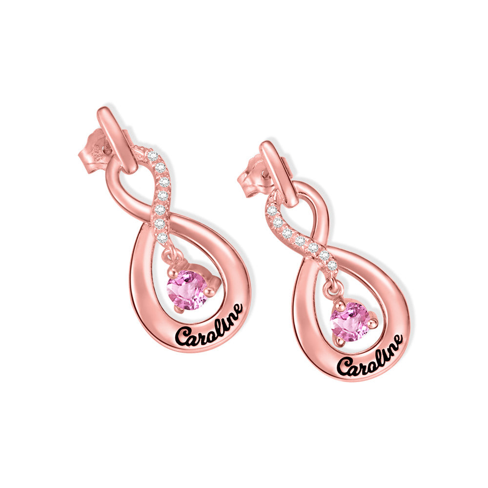 Personalized Infinity Name Earrings with Dance Birthstone in Rose Gold