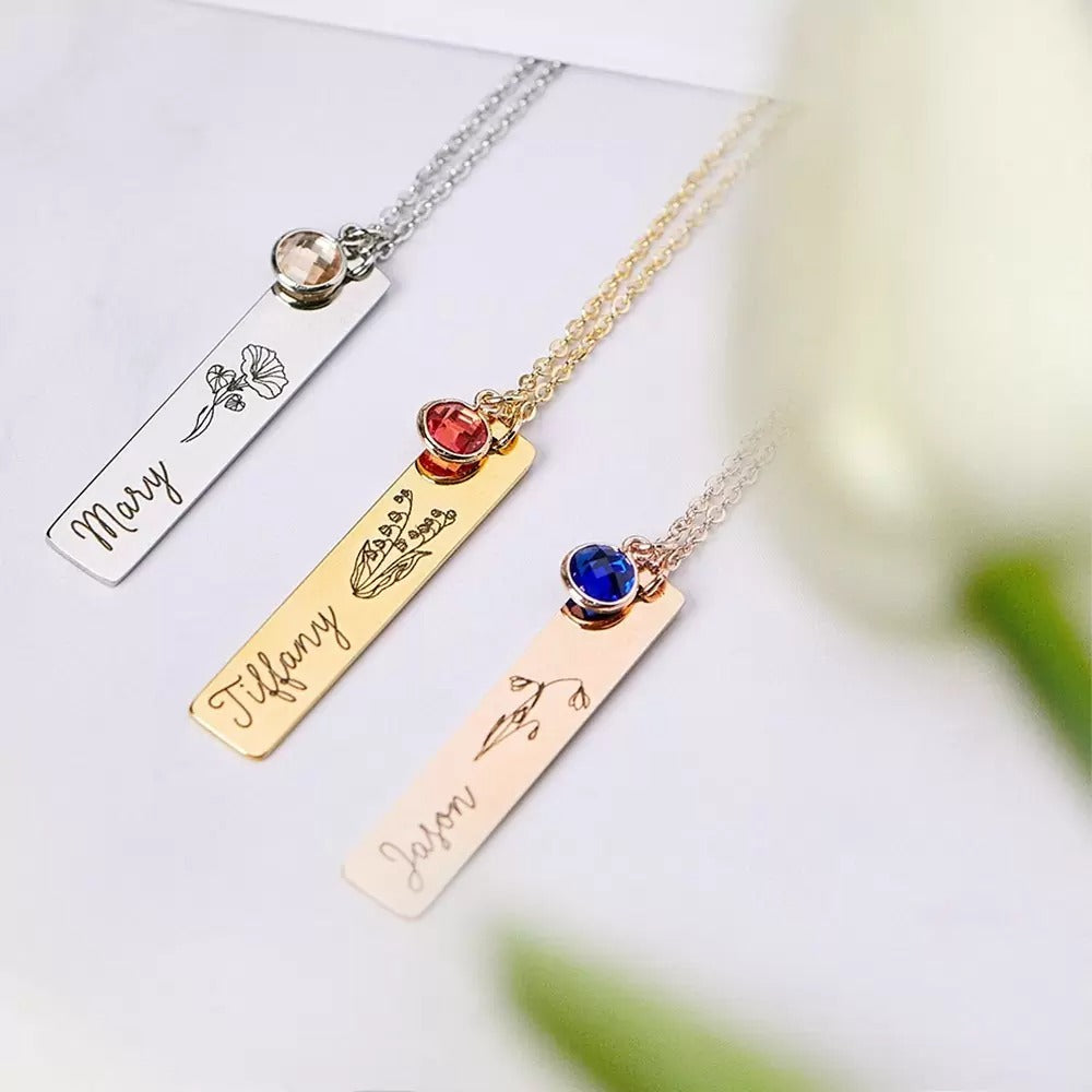 Stainless Steel Necklace, Personalized Birth Flower Necklaces with Name, Engraved Birth Flower Necklaces, Customized Birthstone Necklace, Gifts for Mom/Grandma