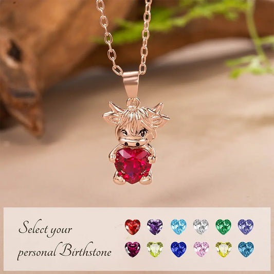 Custom Birthstone Highland Cow Necklace, Cow Necklace, Sterling Silver 925 Necklace, Cow Stuffed Jewelry, Birthday Gifts for Girls/Daughter/Girlfriend