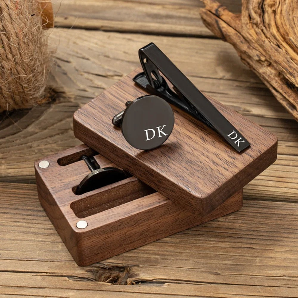 Cufflinks + Tie Clips + Wooden Box/Personalized Groomsmen Cufflinks, Engraved Cufflink with Box, Custom Tie Clip and Cufflink Set for Men, Father of the Bride Gifts