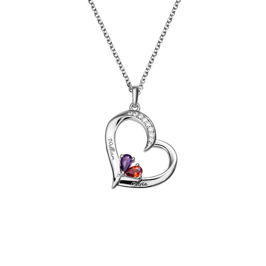 Heart-shaped Birthstone Family  Silver 925 Necklace with Customized 2 Names