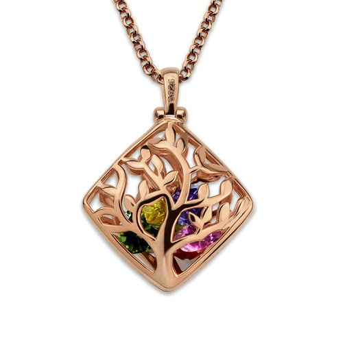 Rhombus Cage Family Tree Birthstone Necklace In Rose Gold