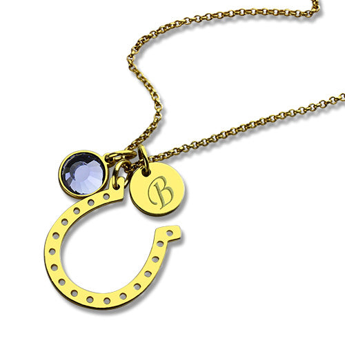 Birthstone Horseshoe Lucky Necklace with Initial Charm 18k Gold Plate