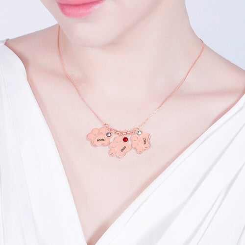 Multiple Engraved Paw Print Necklace With Birthstones In Rose Gold