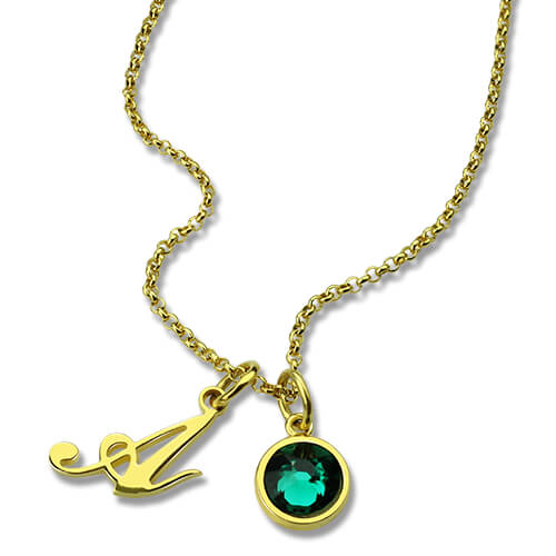 Custom Birthstone Initial Necklace 18k Gold Plated