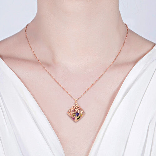 Rhombus Cage Family Tree Birthstone Necklace In Rose Gold