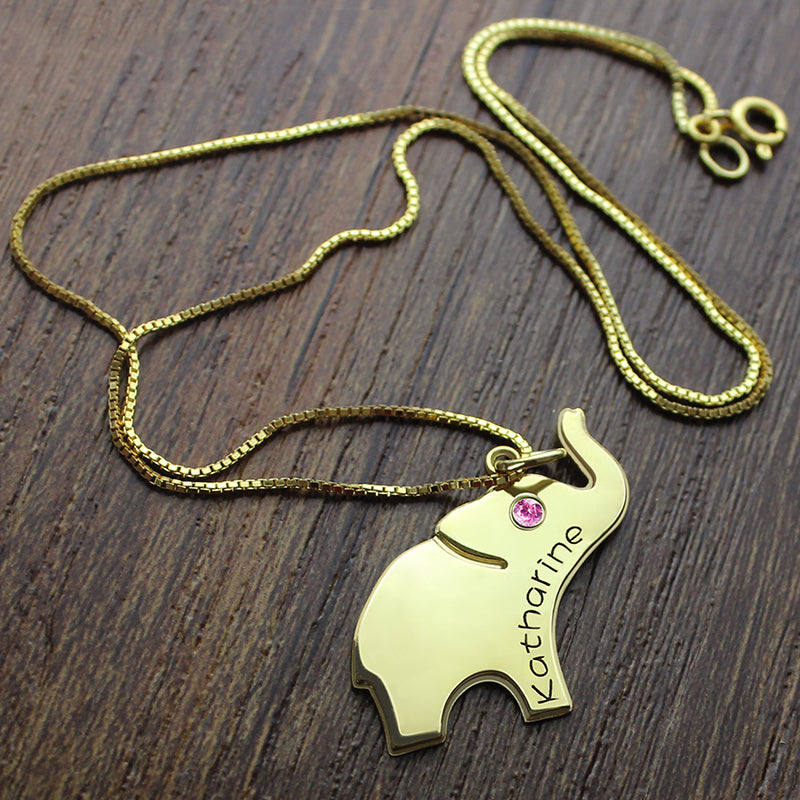 Elephant Lucky Charm Necklace Engraved Name 18k Gold Plated