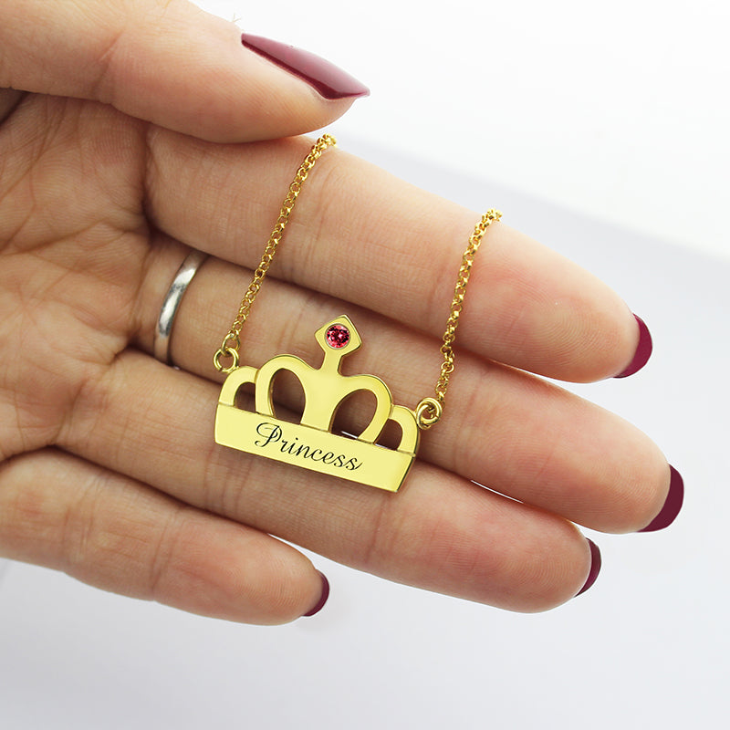 Princess Crown Charm Necklace with Birthstone & Name 18k Gold