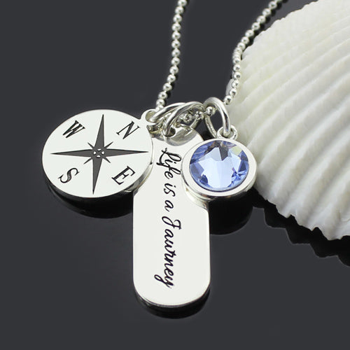 Engraved Compass Bar Necklace with Birthstone Graduation Jewelry