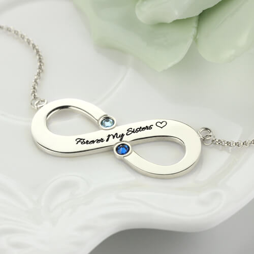 Engraved Infinity Necklace With Two Birthstones Sterling Silver