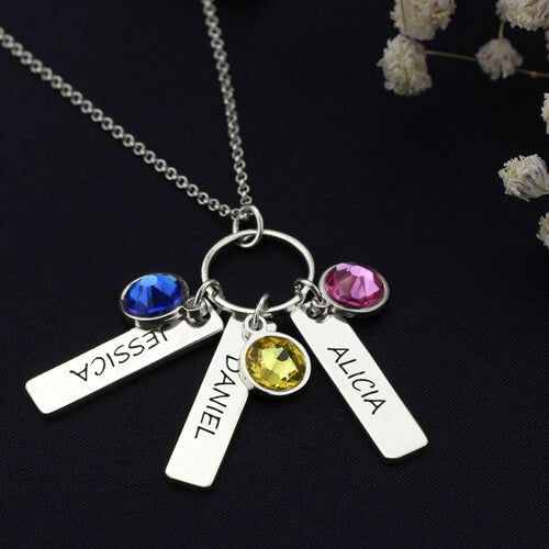 Engraved Id Bar Necklace with Birthstones Sterling Silver