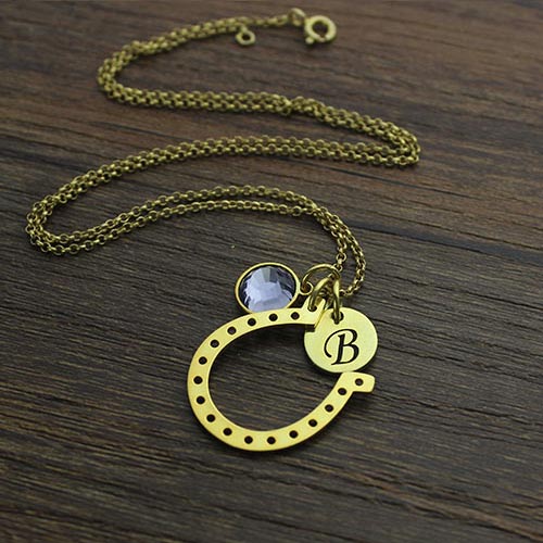 Birthstone Horseshoe Lucky Necklace with Initial Charm 18k Gold Plate