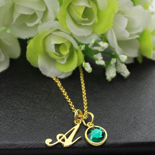 Custom Birthstone Initial Necklace 18k Gold Plated