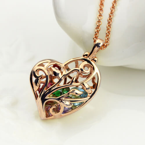 Heart Cage Family Tree Necklace With Birthstones In Rose Gold