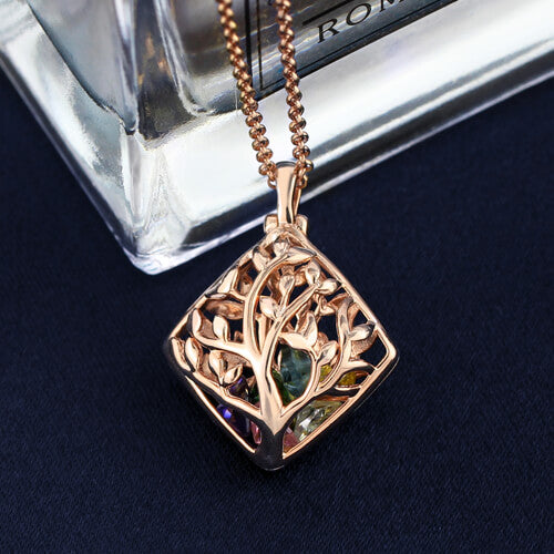 Rhombus Cage Family Tree Birthstone Necklace In Rose Gold