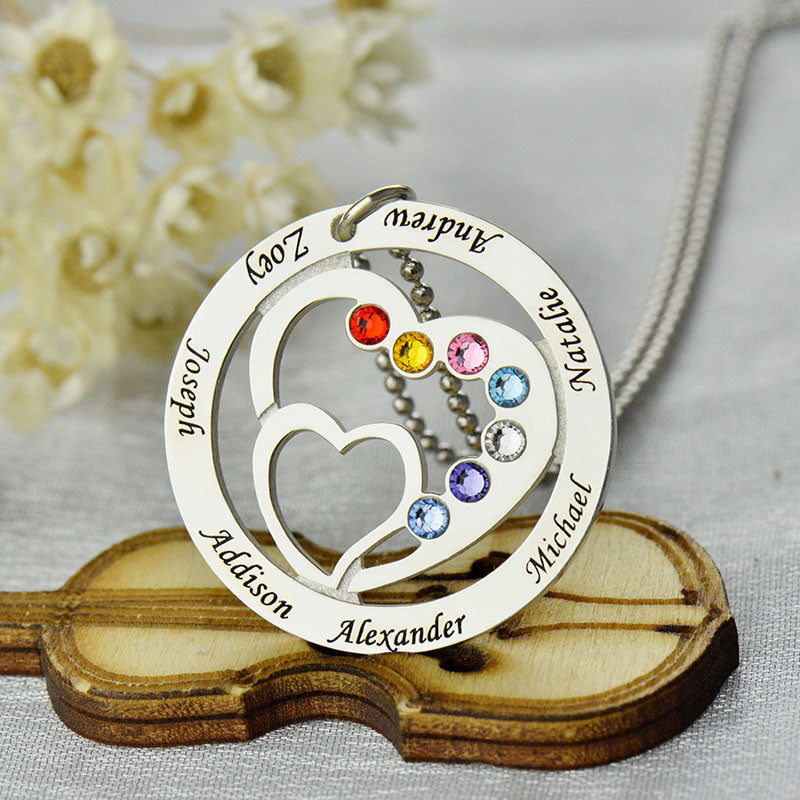 Personalized Heart in Heart Birthstone Name Necklace Silver