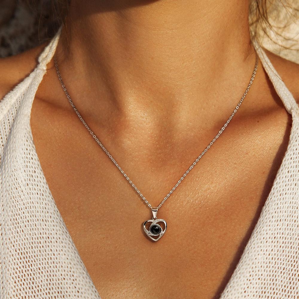 Photo Only Without Text/ Silver 925 Photo Necklace with Love Heart Projection Necklace, 100 Languages I Love You Projection Necklace for Valentine's Day Gift/Memorial Photo Necklace