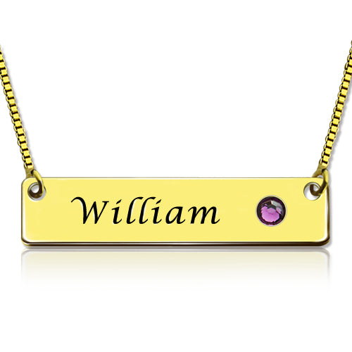 Name Bar Necklace with Birthstone 18K Gold Plated