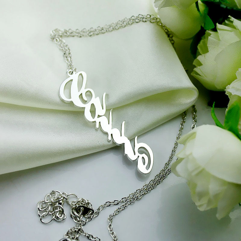 Personalized Vertical Carrie Style Name Necklace Silver