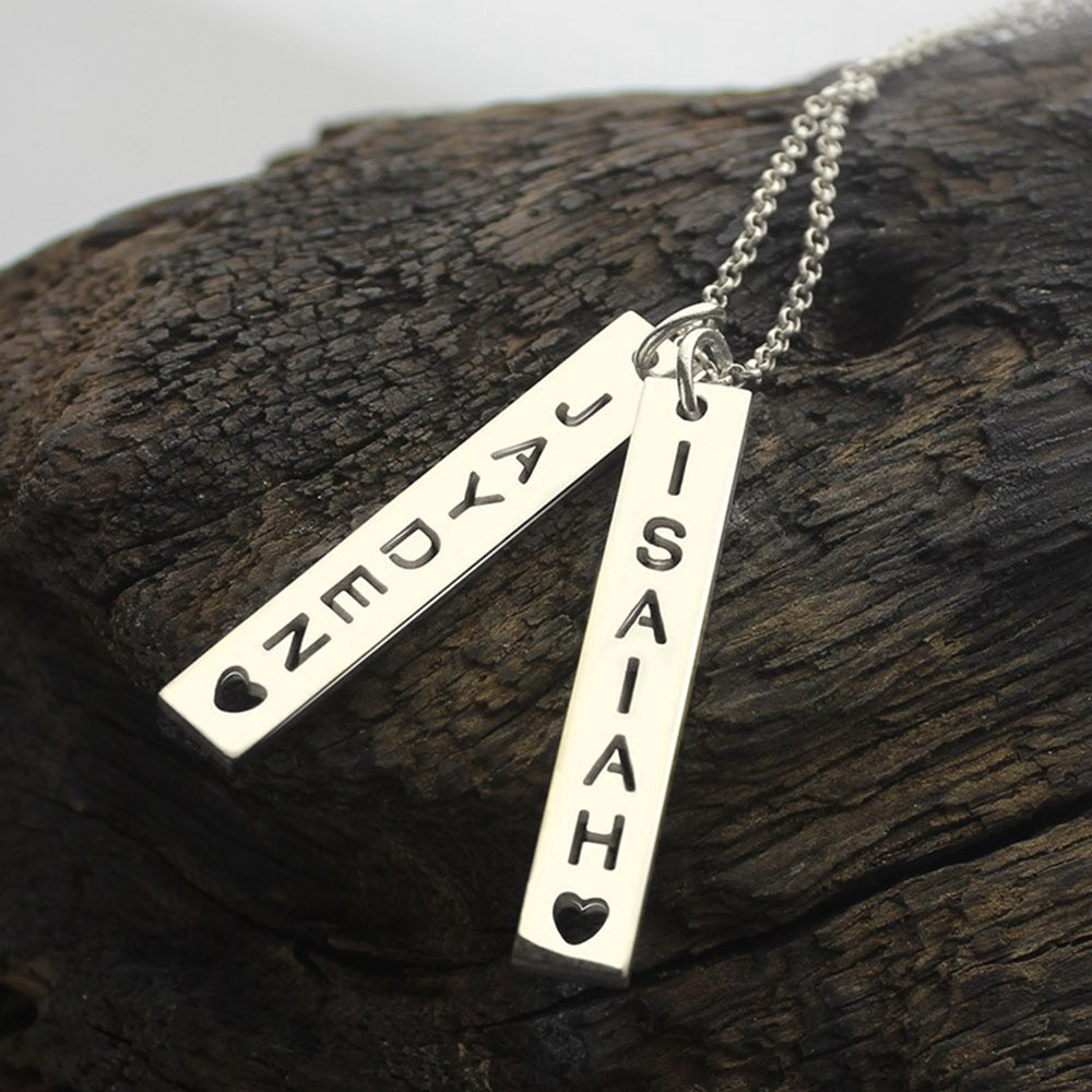 Personalized Vertical Bar Couple Necklace With Cut Out Name