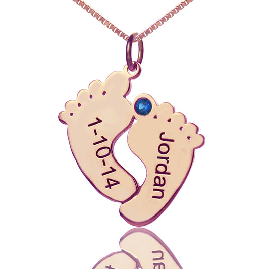 Engraved Baby Feet Imprint Necklace with Date & Name Rose Gold