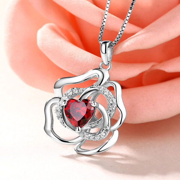 Custom Rose Flower Necklace With Heart Birthstone