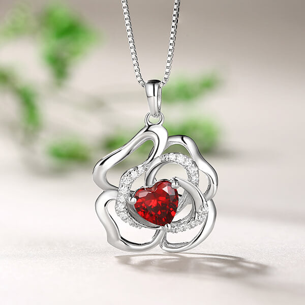 Custom Rose Flower Necklace With Heart Birthstone