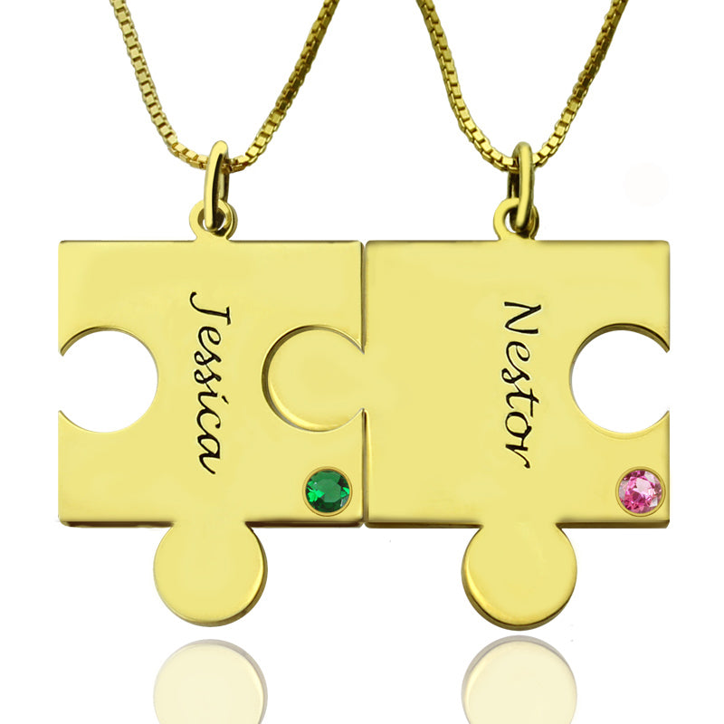 Matching Puzzle Necklace for Couple With Name & Birthstone Gold Plate