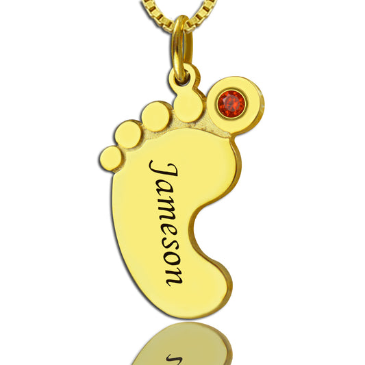 Gold Baby Foot Pendant Necklace with Birthstone & Name