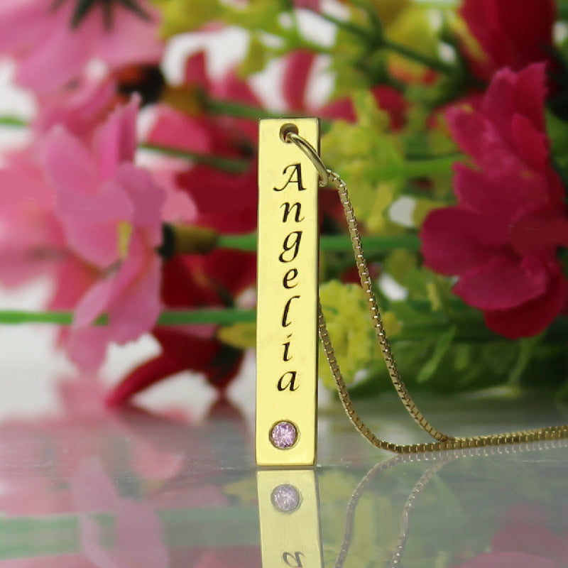 Personalized Name Tag Vertical Bar Necklace in Gold