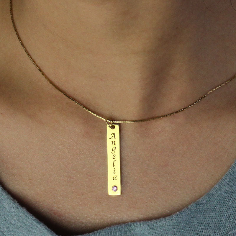 Personalized Name Tag Vertical Bar Necklace in Gold