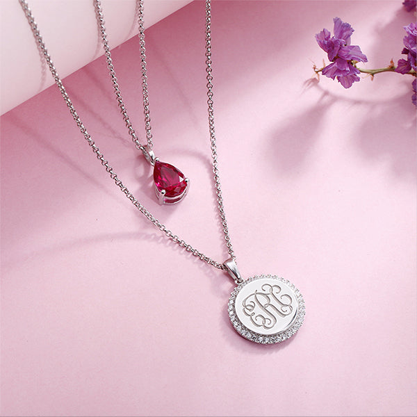 Custom 2 Layered Monogram Initial Necklace with Birthstone Silver