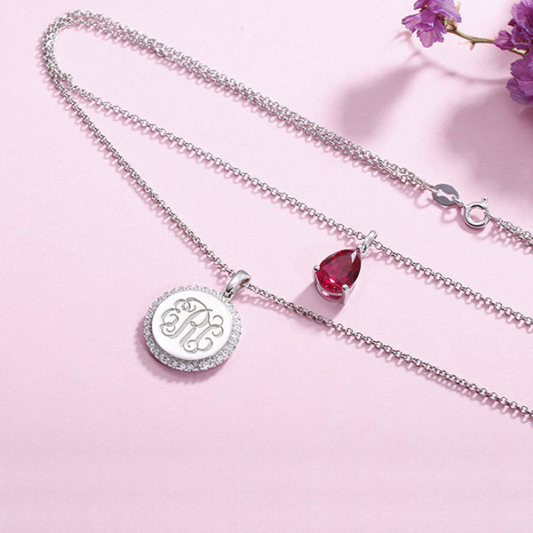 Custom 2 Layered Monogram Initial Necklace with Birthstone Silver