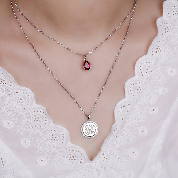 Custom 2 Layered Monogram Initial Necklace with Birthstone Silver